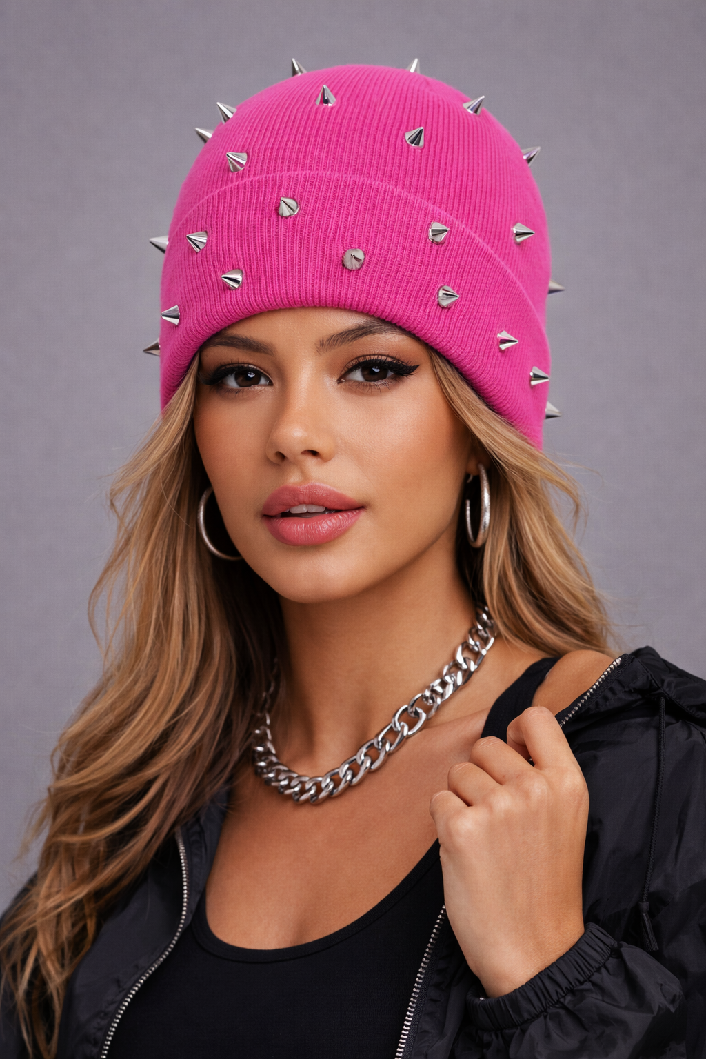 Super Glow Hot Pink Spiked Beanie